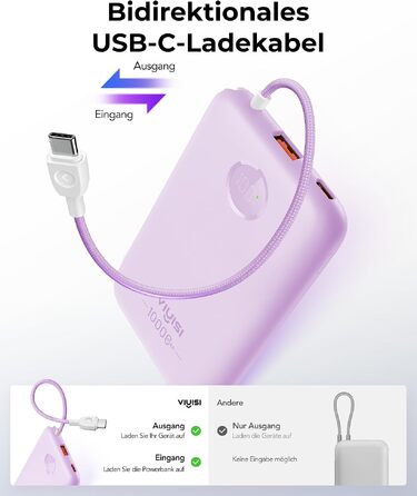 Повербанк VIYISI 10000mAh ультратонкий із вбудованим кабелем USB-C, фіолетовий