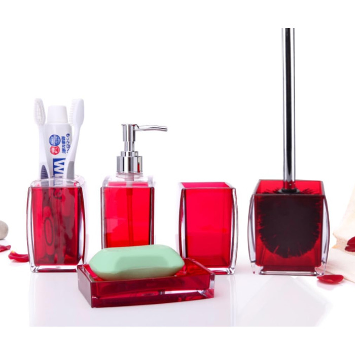 5-Piece Red Acrylic Bathroom Accessories Set, Complete Set, Lotion/Soap Dispenser, Soap Dish, Toothbrush Holder, Cup, Toilet Brush and Holder, Modern Bathroom Decor and