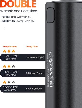 Електричний грієчка для рук Warmco 2 шт., 10000mAh, USB Powerbank, 3 рівні нагріву, для чоловіків та жінок, Outdoor, Гольф, кемпінг, чорний