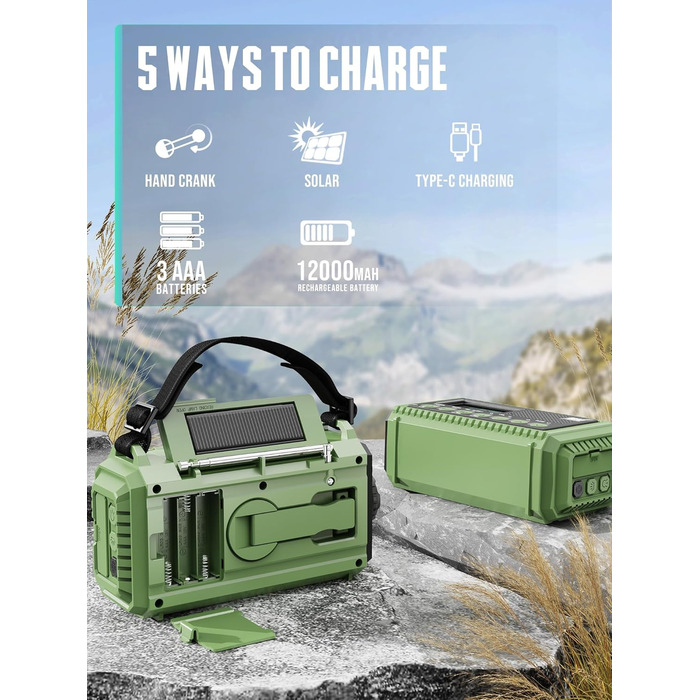 Радіо на батареї 12000mAh | Радіо з ручкою та сонячною панеллю | AM/FM/SW, SOS, USB-C | Водонепроникне IPX4, ліхтарик, для кемпінгу та відпочинку на природі