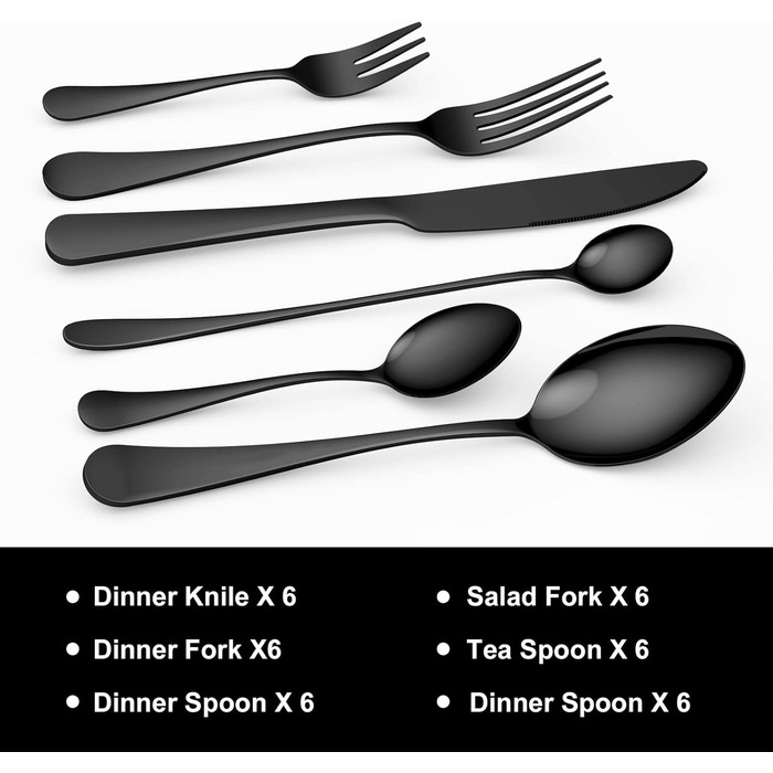 Набір столових приборів 36 шт. для 6 осіб - нержавіюча сталь, чорне матове покриття, ніж, виделка, ложка - придатний для миття в посудомийній машині