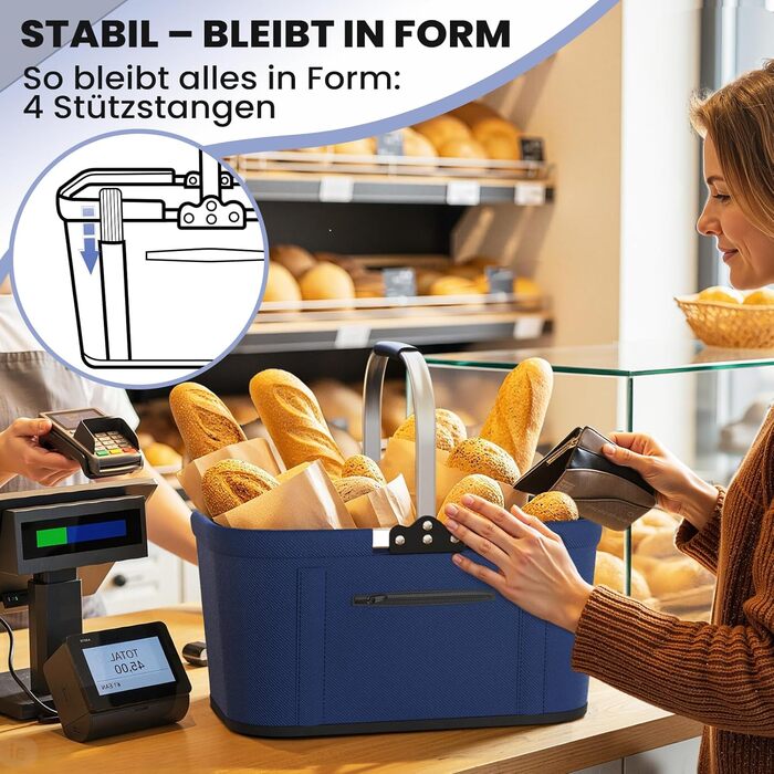 Складаний кошик для покупок на 30 літрів з 4 стійками | Міцний кошик для перенесення та пікнік | Великий кошик для сім'ї (46x27x25см) | З м'якими ручками | Для покупок, подорожей, кемпінгу (30л, Синій)