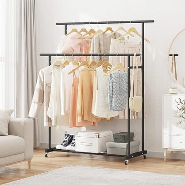 Clothes Rack with Double Rod, Rolling Clothes Rack, Portable Clothes Rack for Bedroom, Living Room, Clothing Store (Black)