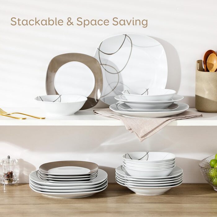 VEWEET Сервіз столовий 'Нікіта' з порцеляни, 24 елементи | Комплект посуду включає миски, десертні тарілки, тарілки для їжі та супові тарілки | Сервіз для 4-12 осіб, 24 елементи