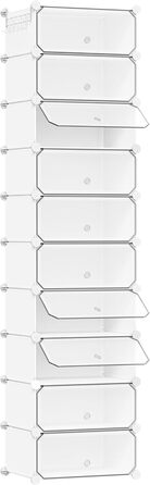 WOLTU Shoe Box, Shoe Storage, Set of 10, Stackable Design, for 20 Pairs, with Door, Hooks, 40x30x170 cm, White