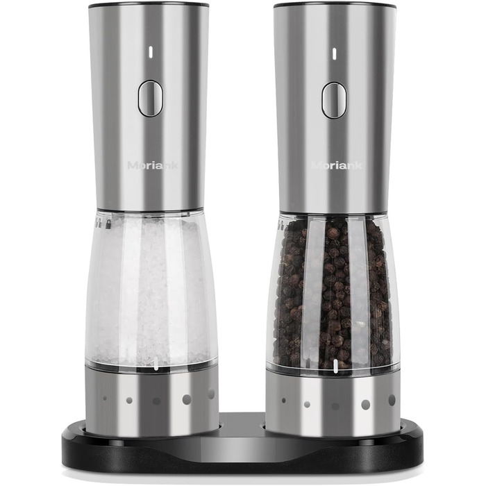 Electric Salt and Pepper Grinder Set of 2, USB Rechargeable Stainless Steel Electric Pepper Grinder with Adjustable Coarseness, Large Capacity, Elegant Storage Base