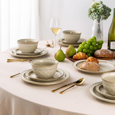 GBHOME Набір посуду з кераміки (12 предметів), керамічний, ручної роботи, реактивна глазур, тарілки та миски, стійкий до сколів та тріщин, придатний для миття в посудомийній машині та використання в мікрохвильовці, набір посуду на 4 особи, білий