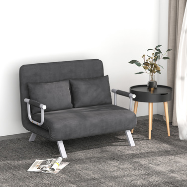 HOMCOM 2-Seater Sleeper Sofa with Armrest 65x69x80cm 3-in-1 Sleeper Chair, Guest Bed, Foldable Mattress, Faux Velvet, Gray | Aosom