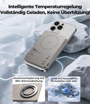 Power Bank KU XIU Magsafe 5000mAh: Тонкий, з підтримкою MagSafe, з кільцем для кріплення, PD 20W, для iPhone 17/16/15/14/13/12 (Титан)