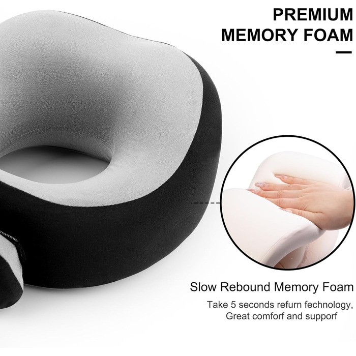 Подушка для шиї Gemice для подорожей та літака, з кріпленням на липучці, з піною пам'яті, для дорослих, чорна