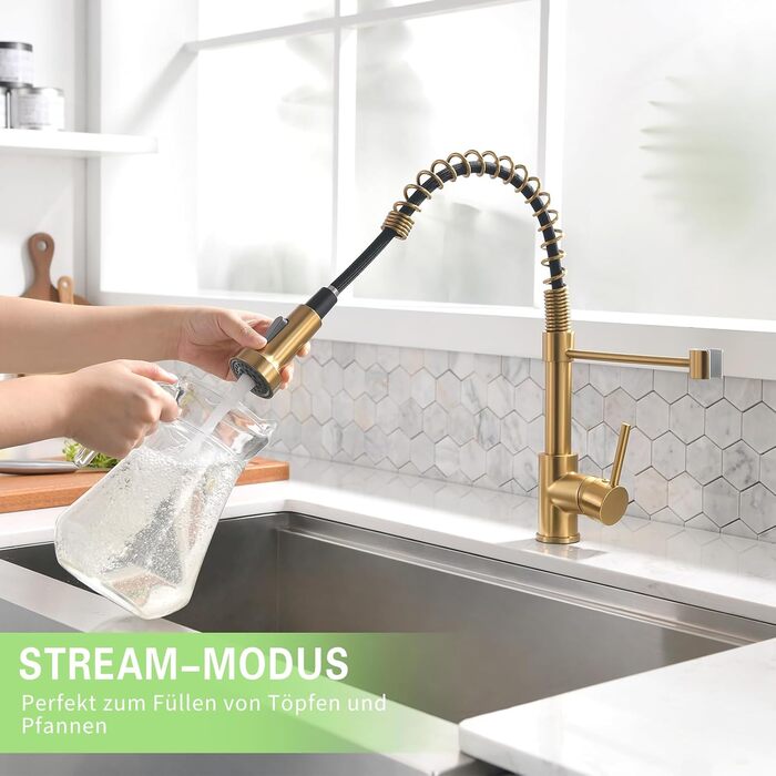 Кухонний змішувач AIMADI висувний, високого тиску, з 2 режимами (струя та туман), поворотний на 360°, однолеверний для кухонної мийки (золото)