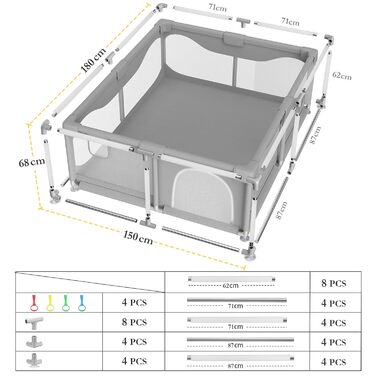 Sarr Klith Playpen Baby 150 x 180cm, Playpen with Suction Cups, Indoor/Outdoor Playpen with Breathable Mesh, No Play Mat, Large Safety Play Area with Easy Assembly/Disassembly 150x180cm