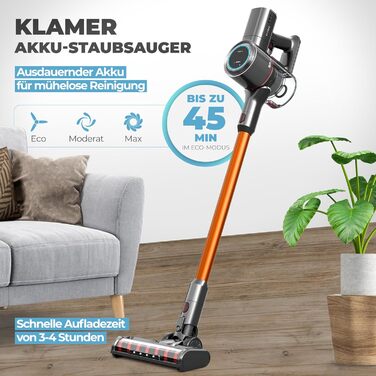 Акумуляторний пилосос KLAMER 2-в-1: вертикальний та ручний, час роботи до 45 хв, HEPA-фільтр для килима, авто та твердих поверхонь, сірий/помаранчевий, 2 акумулятори (по 45 хв)