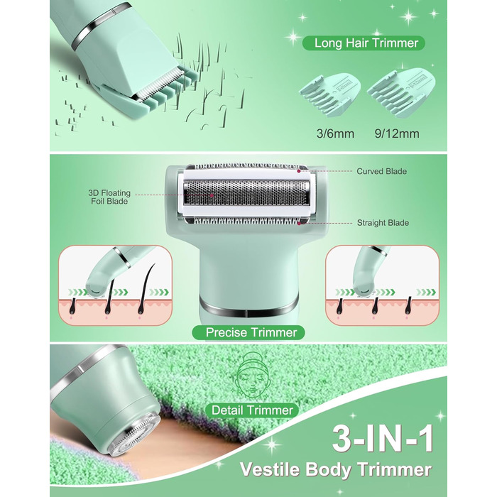 Електричний жіночий тример 3-в-1 для обличчя, ніг, рук, під пахвами та зоною бікіні, водонепроникний, перезаряджається (зелений)