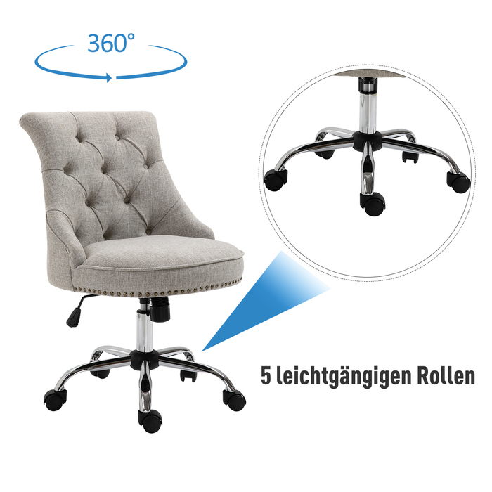 HOMCOM Swivel Upholstered Chair Ergonomic Office Chair Height Adjustable Retro Design Up to 150 kg Linen Light Grey 54x65.5x84-91 cm