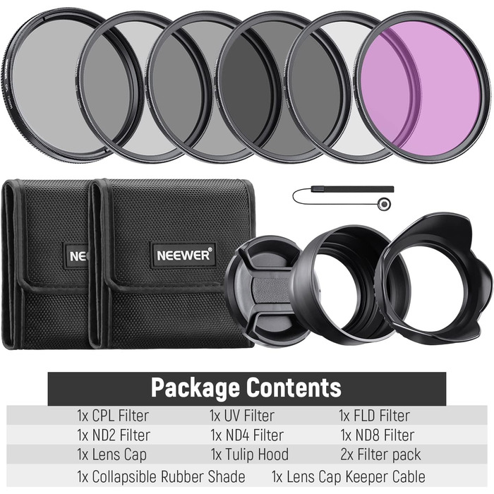 NEEWER Набір фільтрів ND2, ND4, ND8, UV, FLD, CPL 72mm для об'єктивів + Кришка об'єктива та бленда