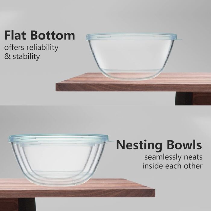 WhiteRhino Glass Mixing Bowls with Lids, 3-Piece Set (4.2L, 2.5L, 1L), Large Round Salad Bowls for the Kitchen, Salad Bowl with Lid, Cooking, Baking, Preparing, Dishwasher Safe