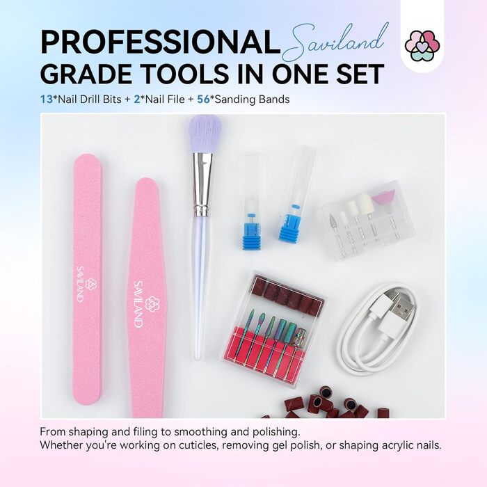 Електрична фрезер для нігтів Saviland 40000 об/хв, 12 в 1, професійний манікюр/педикюр, 4000mAh, USB, портативна, з набором фрезерних насадок, градієнтний колір