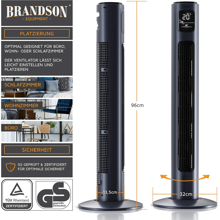 Вентилятор торгової марки Brandson з пультом керування, 96 см, 3 швидкості, осциляція 60°, темно-синій, преміум-якість