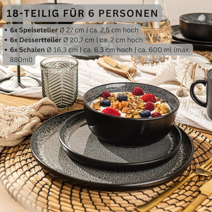 Набір посуду SÄNGER Sydney (18 предметів) | Сервіз на 6 осіб, тарілки, миски, десертні тарілки, темний сірий колір, стійкий до подряпин | VALUE COLLECTION