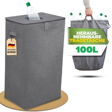 Deposit bottle collection container with lid and carry bag | Deposit container with slot | Ideal bottle organizer for collecting deposits, bottle collector, empty container for kitchen - black (Gray without print)