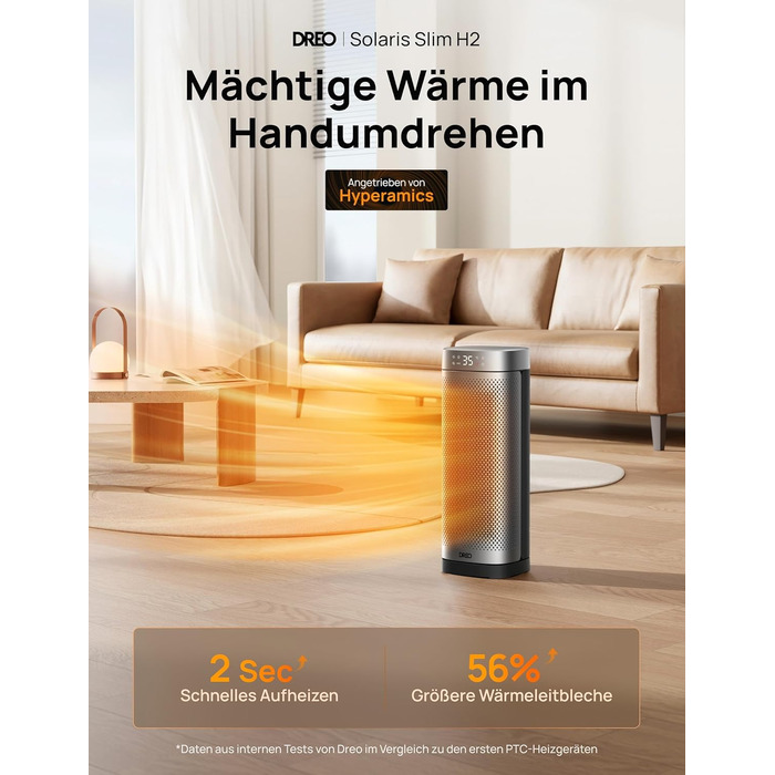 Електричний обігрівач DREO Solaris Slim H2: тихий, 2000W, керамічний, з термостатом та таймером, 70° осциляція, захист від перегріву та перекидання, срібний