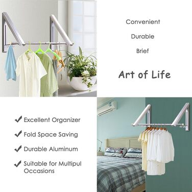 LIVEHITOP Folding Wall Clothes Rack 2 Pack Space-Saving Aluminum Clothes Hooks with Rod and Clothes Hanger Hooks Holder for Bedroom Bathroom Balcony Indoor Outdoor
