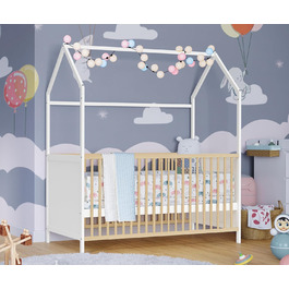 Bellabino Nika Babybett in Hausoptik 70 x 140 cm, crib and house bed for children and babies made of solid pine wood in blue, 3-fold height adjustable including slatted base.
