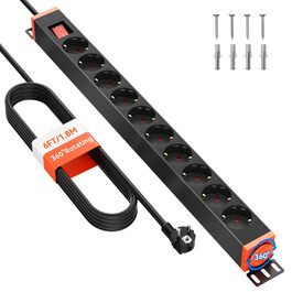 Мережевий фільтр 10 розеток з захистом від перенапруги, поворотний на 360°, для кріплення на стіну, кабель 1,8м, 16A/4000W, для офісу та дому, чорний