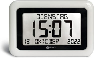 Calendar Clock - Geemarc Viso10 with automatic time setting and large letters - For people living with Alzheimer's - Battery operated - No backlight - Version DE - White