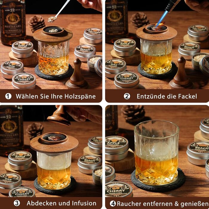 Набір для копчення віскі з факелом: 6 смаків, дерев'яні тріски, 2 склянки, 6 контейнерів для віскі, коктейльний набір для копчення, набір для копчення напоїв, подарунок на день народження для любителів бурбону (без бутану)