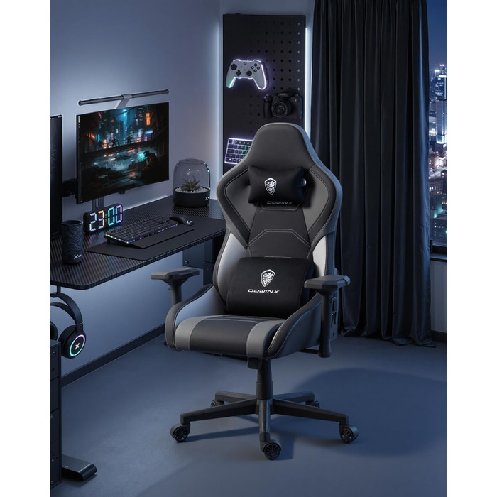 Ігровий крісло Dowinx з 4D підлокітниками, функцією гойдання 15° та регулюванням спинки до 165°, масажний, ергономічний, дизайн у стилі гоночного авто, для геймерів, Esport, вантажопідйомність 135 кг, сірий