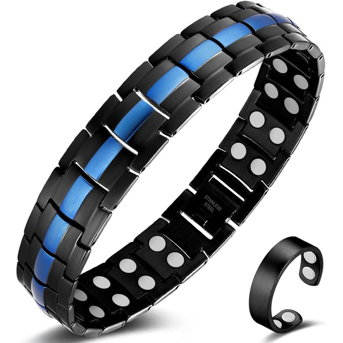 Браслет магнітний чоловічий Vicmag з титанової сталі, подвійний ряд, надміцна магнітна застібка, інструмент для регулювання та подарункова коробка (синє оздоблення)