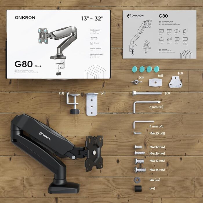 Кріплення для монітора ONKRON G80-B/G80T-B: газ-амортизатор, поворотний, нахильний, VESA 75x75-100x100, для моніторів 13-32 дюймів, до 8 кг