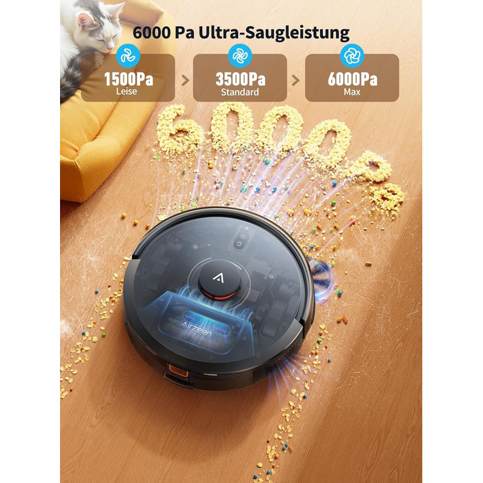 Робот-пилосос Airzeen Q10 Pro S з вологою, 6000Pa, LiDAR, керування через APP та Alexa, для дому, килимів, шерсті тварин, чорний