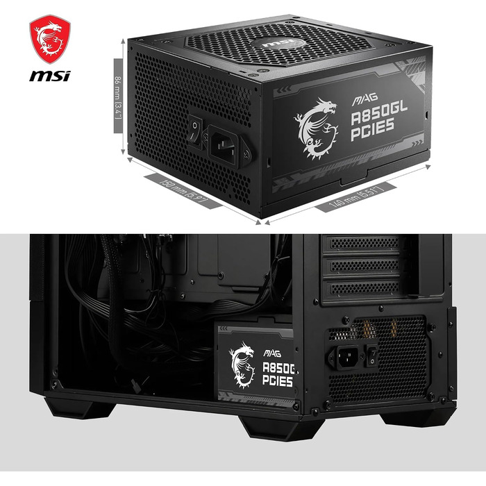 Блок живлення MSI MAG A850GL PCIE5 850W 80 Plus Gold, повністю модульний, ATX 3.0, підтримка PCIe 5.0, 120мм FDB вентилятор