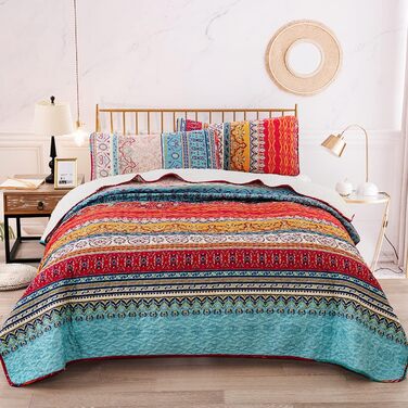 WONGS BEDDING Quilt Set 220x240 Bedspread Bohemian Throw Blanket Stepped Quilt 3-Piece Double Bed Quilted Bedspread Microfiber Living Room Blanket with 2 Pillowcases 50x70 for Bedroom as Sofa Throw (Bohemian)