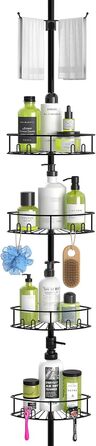Bomclap Telescopic Shower Shelf with 4 Baskets and 1 Towel Holder, Shower Shelf No Drilling Required, Height Adjustable 149-276cm for Shower and Bathtub, Black