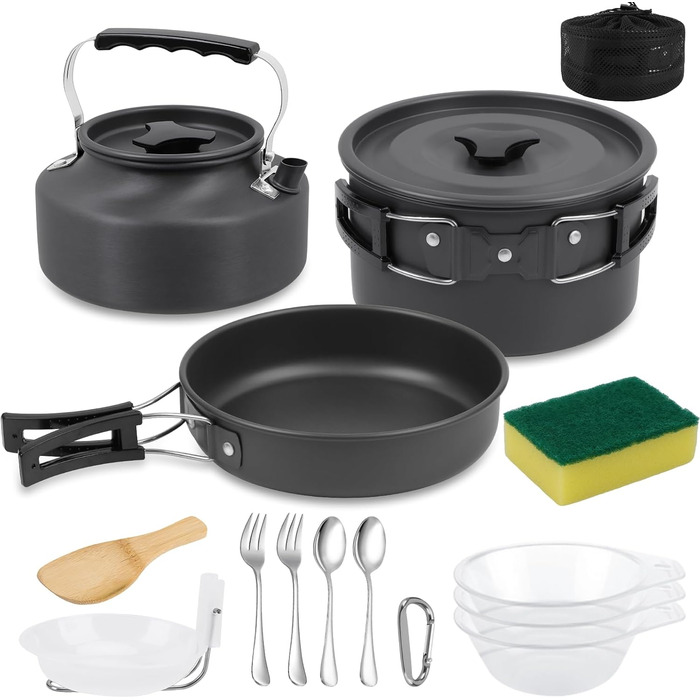Набір кухонного посуду для кемпінгу: 15 предметів, чорний. Ідеально для пікніків, походів та кемпінгу. Включає казанок, сковорідку, чайник та інше.