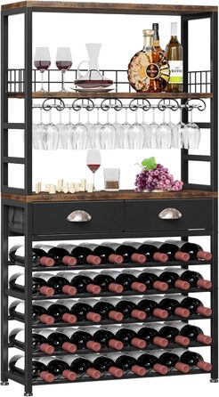 Homeiju Wine Rack, Freestanding Floor, Bar Cabinets for Liqueurs and Glasses, 4-Tier Bar Cabinet with Tabletop, Glass Holder, Storage Drawer and Wine Storage for Living Room, Kitchen, (Retro Black Brown)