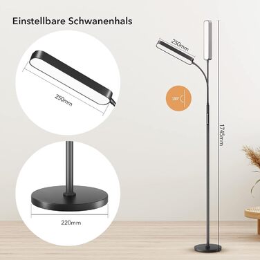 LED торшер Ehaho з димеруванням, чорний | Лампа для читання з пультом дистанційного керування | Тепле, нейтральне, холодне біле світло | Сучасний торшер для спальні, вітальні, офісу
