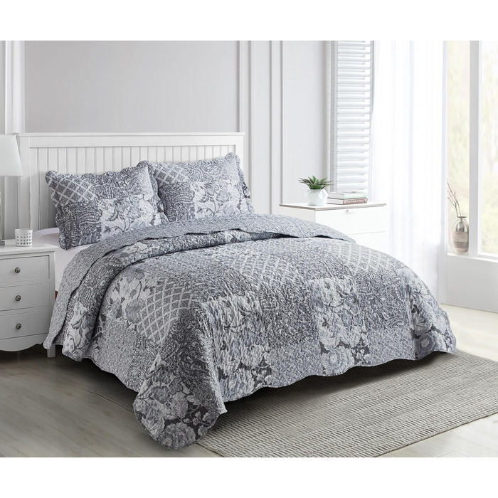 Набір постільної білизни Brilliant Sunshine Grey Heart Love Patchwork (2 шт.) з ковдрою та наволочкою, двостороння, для двоспального ліжка (Queen, сірий)