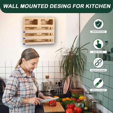 Диспенсер для харчової плівки 5 в 1 з дерев'яною коробкою та різаком, органайзер для кухні