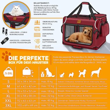 ТRESKO® Транспортна переноска для собак та котів, складана, з підкладкою, лопаткою та світловідбивачами, 50x34x34 см | Переноска для собак, велика, червона