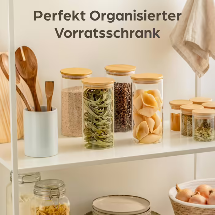 Airtight Storage Jars with Lids - 4-Piece Storage Containers - Borosilicate Glass with Bamboo Lid & 8 Seals - 1.2 L - Storage Jars