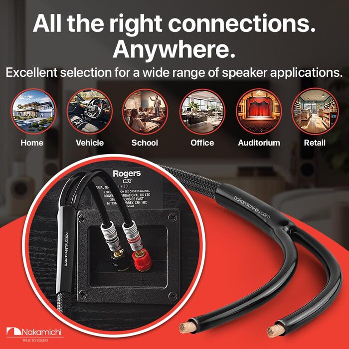 Акустичний кабель Nakamichi 14AWG з позолоченими банановими роз'ємами 24K, 3м, безкиснева мідь (OFC) в обплетенні, чорний