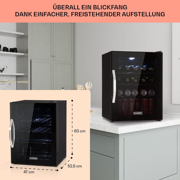 Klarstein Mini Fridge with Glass Door - 60 Liter Beverage Cooler with Adjustable Shelves & Wave Design Racks - Quiet Operation - Black