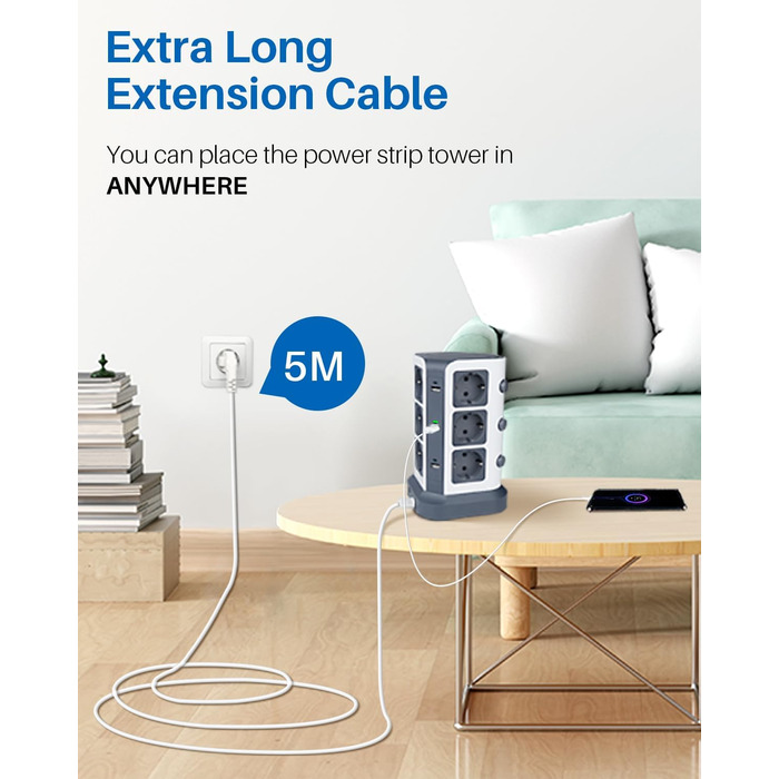 Блок розеток KOOSLA з USB-C, 12 розеток, 3680W/16A, захист від перенапруги 1500J, індивідуальне вмикання, 5м кабель, сірий