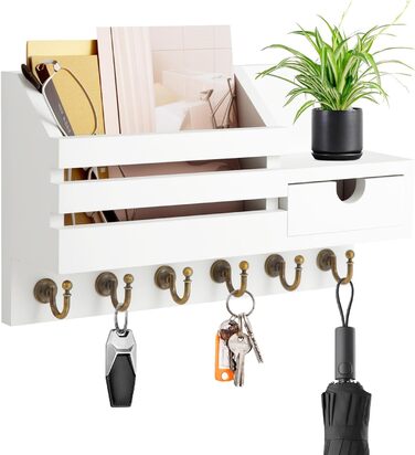 Дерев'яне ключниця з полицею та шухлядою, 6 гачків, для прихожей, офісу, на стіну (білий)