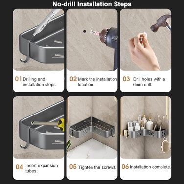 Поличка для душу без свердління, кутова, для ванної кімнати, органайзер, з 2 гачками (біла)